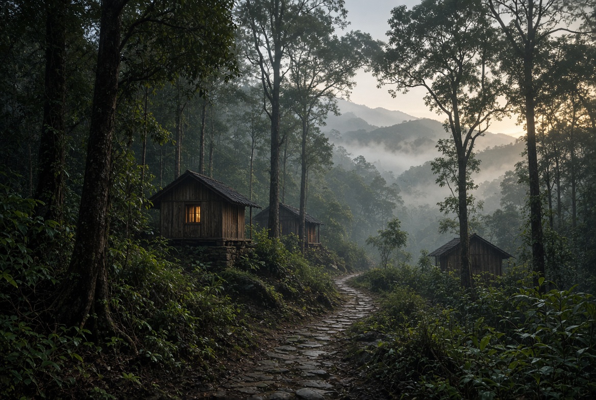 Simple wooden kutis on a misted forest hillside